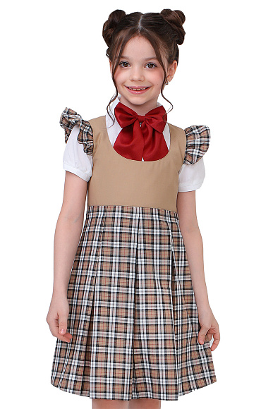 Сарафан в бежевую клетку.