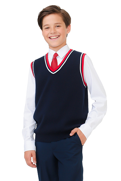 Жилет синий в красную полоску.